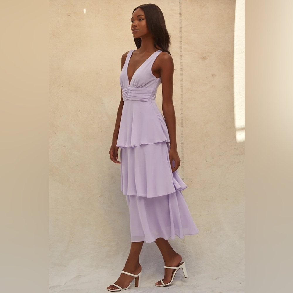 Lulus Celebration Time Lavender Sleeveless Tiered
Midi Dress - Picture 4 of 9